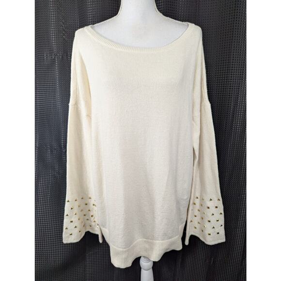 MICHAEL KORS! VANILLA CREAM BELL SLEEVE GOLD STUDDED SCOOP SWEATER! SZ XL - Picture 2 of 10